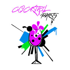 Poster Party with Glass of Alcohol Cocktail on an Abstract Spray background. There is an empty space for text. Modern street style with bright colors and streaks of paint. Vector isolated illustration