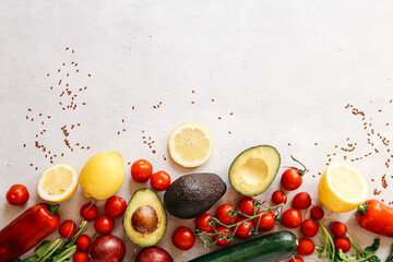 Fresh colorful vegetables and seeds on a light background. Copy Space. Healthy food concept.
