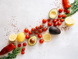 Fresh colorful vegetables and seeds on a light background. Copy Space. Healthy food concept.