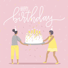 Happy birthday Greeting catd of birthday party big cake with burning candles in hands of two women. Human characters celebrating holiday. Flat vector illustration.