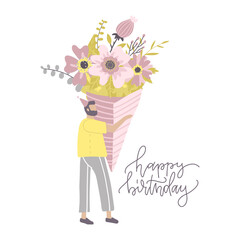 Happy birthday greeting card. Male Guest with flower bouquet. Man holfing bunch of flowers. Vector illustration, cartoon postcard with lettering text.