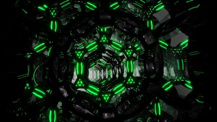 Futuristic digital abstract motion background Flight through an abstract endless tunnel of black-green rings.
