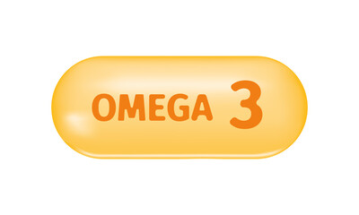 Golden capsule with text Omega 3. Pill of fish oil, polyunsaturated fatty acids. Healthcare and beauty food supplement. Vector realistic illustration.