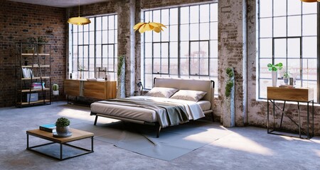 3d rendering loft style bedroom