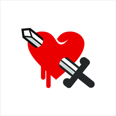 Flat illustration of a heart stabbed with a sword for graphic design element template ideas