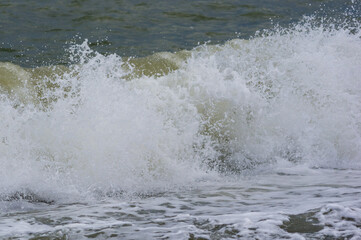 sea landscape is a pebbly beach with waves in white foam