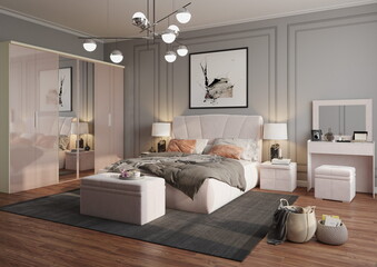 3d rendering luxury bedroom grey, white, pink