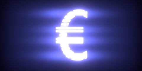A glowing symbol of the European currency on a black background. 3D visualization