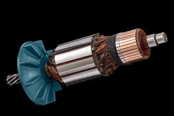 Rotor or of anchor electric motor closeup, isolated on black background
