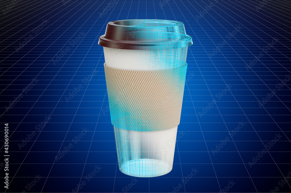 Poster visualization 3d cad model of disposable cup, blueprint. 3d rendering