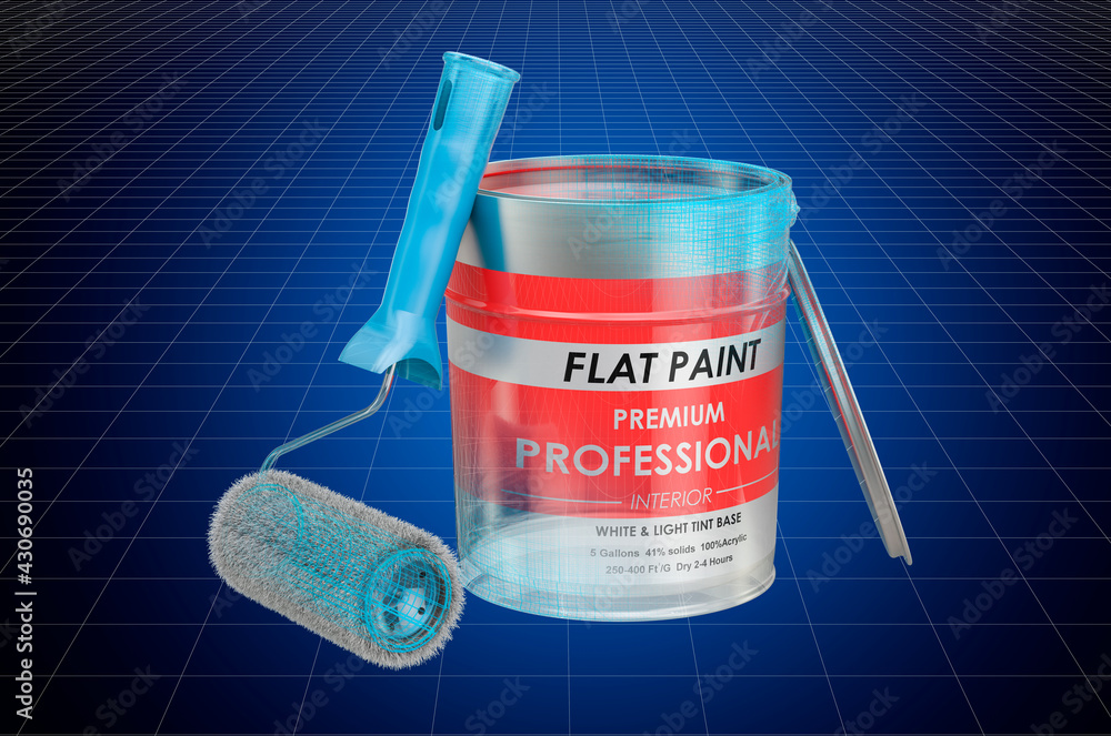 Poster visualization 3d cad model of paint can and roller brush, blueprint. 3d rendering