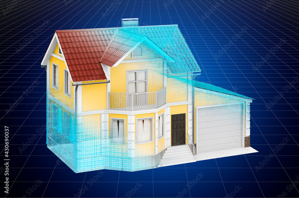 Poster visualization 3d cad model of house, blueprint. 3d rendering
