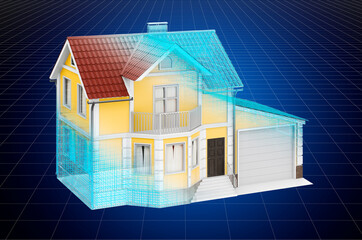 Visualization 3d cad model of house, blueprint. 3D rendering