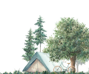 Summer camping scene with bicycle. Hand painted tent and forest trees composition.