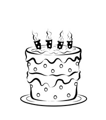 birthday cake with four candles, black and white digital drawing