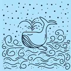 Sea life pattern for poster. Hand-drawn vector background of a sea dweller. Doodle pattern with a whale floating on the waves in a circle of dots. Vector illustration