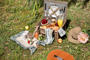 Vintage picnic basket, hamper with baguette and lemonade outdoors on a grass with cheese, mozzarella, tomatoes, cherries, vine. Guitar on straw blanket and stripy towels.Eco friendly picnic al fresco.