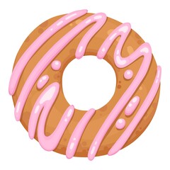 Donut glazed with colorful sugar and icing and topped with sprinkles lying isolated on white background. Tasty fried dough confectionery or dessert. Vector illustration. Realistic cartoon style