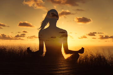 Young woman mediating facing the sunset sky. Double exposure