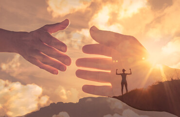Hope and salvation concept. Giving support. Hand reaching out to help person giving them strength.