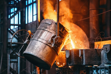 Metal casting process in foundry, liquid metal pouring from container to mold with clubs of steam...