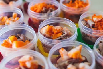 Process of preparing bowls with natural raw pet dog food at home, preparation of healthy raw barf for cats dogs, with duck, turkey, offals, meat, vegetables, assorted fresh food portions in containers