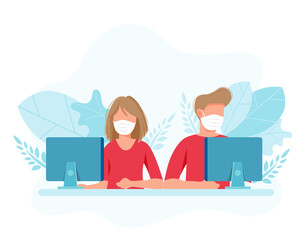 Social distancing workplace. People sitting when meeting in the office. A man and a woman in medical masks maintain a social distance at work. Flat vector illustration