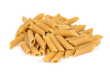 Heap of raw penne pasta on white background