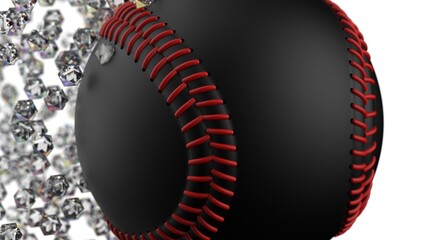 Black-Red Baseball with diamond particles under blue flare lighting. 3D illustration. 3D CG. 3D high quality rendering.