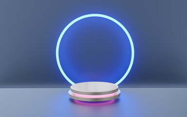 Minimal Studio with geometric shapes, podium on the floor. Platforms for product presentation, pink background. Abstract composition in minimal design, blue neon and gold colors, 3D illustration.