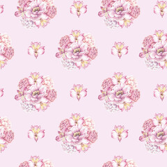 Watercolor seamless pattern with flowers on a pink background for decor, prints, wallpapers.