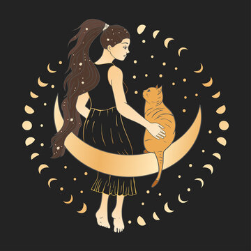 Celestial Woman With A Cat Sacred Astrology Feminine Boho Esoteric Golden And Black Black Art. Moon And Star Magic Vector.