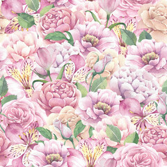 Watercolor seamless pattern with flowers on a white background for decor, prints, wallpapers.