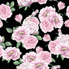 Watercolor seamless pattern with flowers on a black background for decor, prints, wallpapers.