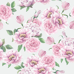 Watercolor seamless pattern with flowers on a white background for decor, prints, wallpapers.