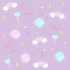Cute pattern with rainbows, bows, moon and planets on a purple background with stars.
