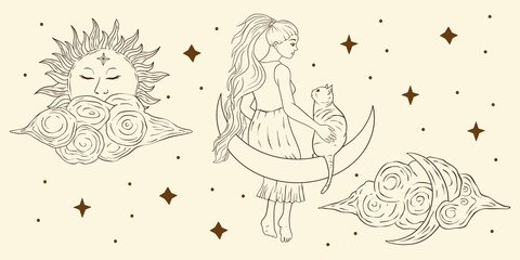Astrology woman with a cat animal. Cute celestial sun and moon sacred boho lady line art collection.