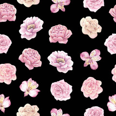 Watercolor seamless pattern with flowers on a black background for decor, prints, wallpapers.