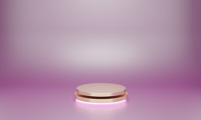 Minimal Studio with geometric shapes, podium on the floor. Platforms for product presentation, mock up background. Abstract composition in minimal design, pink pastel and gold colors, 3D illustration.