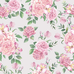 Beautiful watercolor pattern with flowers on a gray background.
