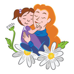 Mother and daughter hugging, mother's day, single parent, mom and baby girl, happy family, daisy flower bouquet