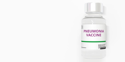 Glass vial with PNEUMONIA VACCINE text on white background, 3D rendering