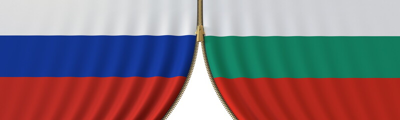 Russia and Bulgaria cooperation or conflict, flags and closing or opening zipper between them. Conceptual 3D rendering