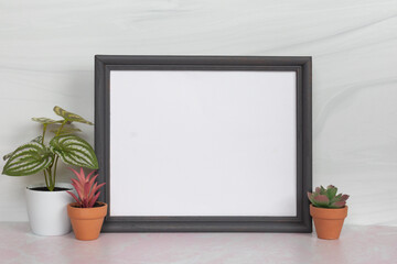 Gray wood picture frame sign empty blank no words with home office small plants no people
