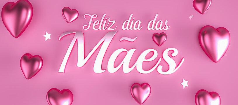 Feliz Dia das Mães 3d texto corações rosa