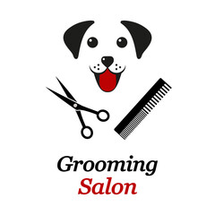 Dog grooming logo. Dog head with comb and scissors on white background 