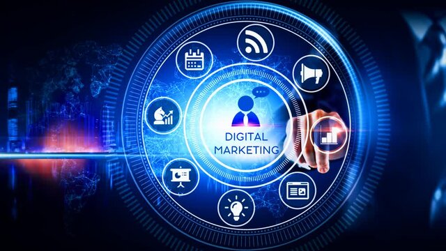 Digital marketing  Concept Rotating wheel with icon surrounded by city Center and spoke Concept
