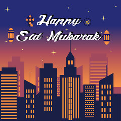 Naklejka premium Eid Al-Fitr background with city theme vector design illustration
