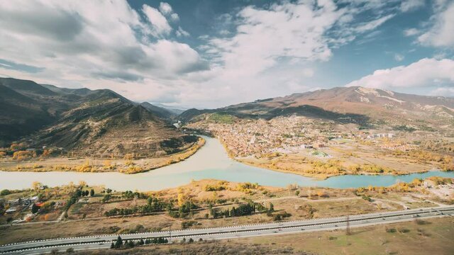 Mtskheta Georgia. Top View Skyline Of Ancient Town Located At Valley Of Confluence Of Rivers Mtkvari Kura, Aragvi In Picturesque Highlands