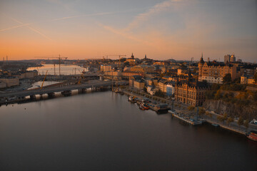 Stockholm, SWEDEN - June 21, 2019.Aerial view over Stockholm skyline in sunrise. High quality photo